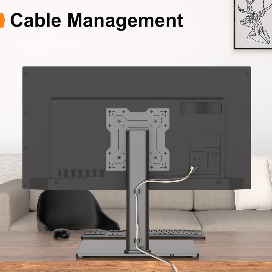 Universal TV & Monitor Ständer für 17–43 Zoll (Neigbar & Höhenverstellbar) (Eleganter Tischstandfuß mit Sicherheitsglas-Sockel für Bildschirme bis 40 kg – VESA max. 200x200 mm.)