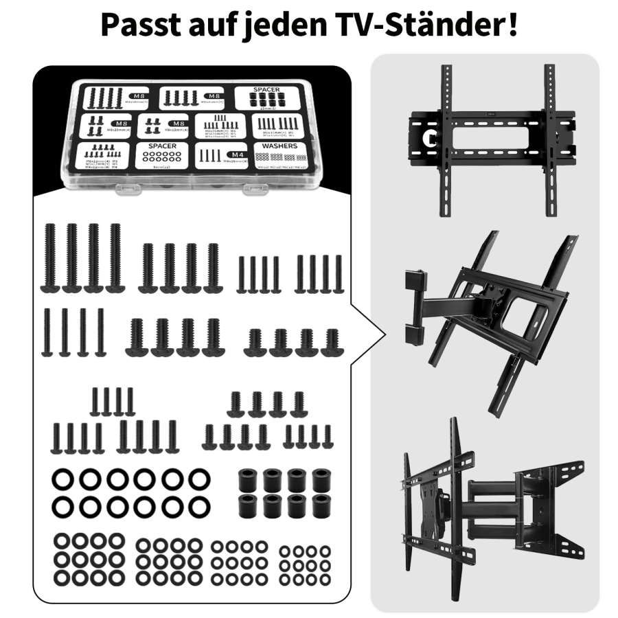 Universal TV Schrauben Set (120-teilig) für Wandhalterungen & Ständer (M4, M5, M6, M8 VESA-Schrauben Sortiment inkl. Abstandshalter & Unterlegscheiben für TVs bis 80 Zoll)