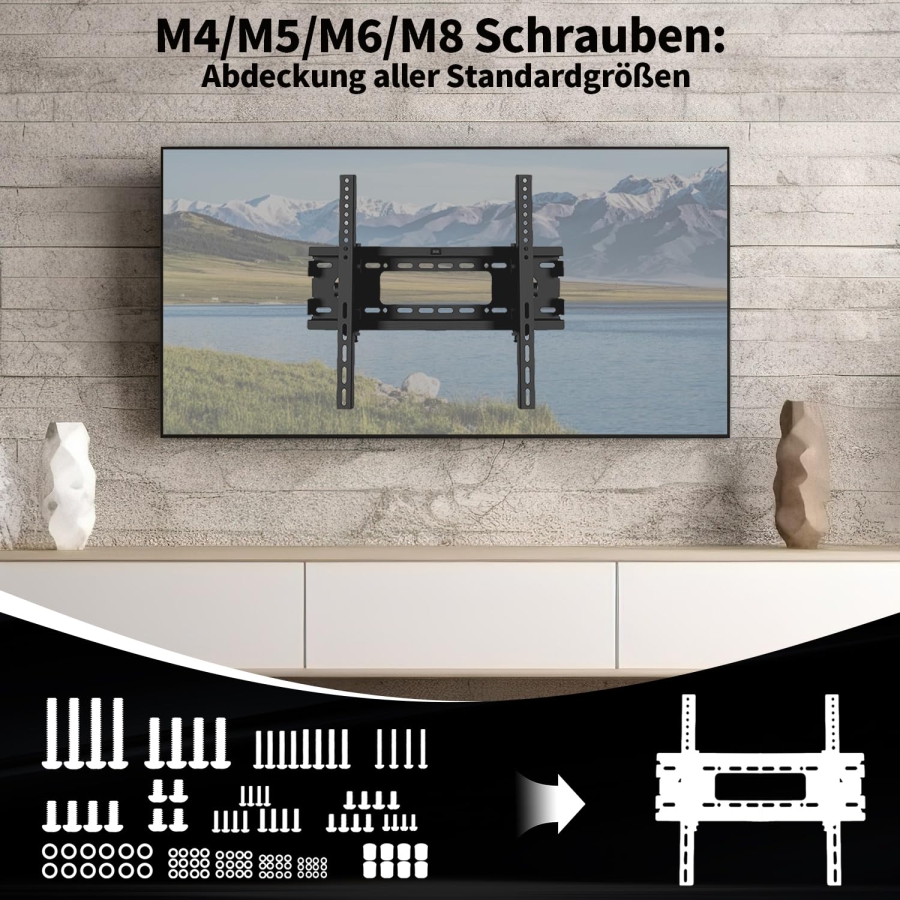 Universal TV Schrauben Set (120-teilig) für Wandhalterungen & Ständer (M4, M5, M6, M8 VESA-Schrauben Sortiment inkl. Abstandshalter & Unterlegscheiben für TVs bis 80 Zoll)