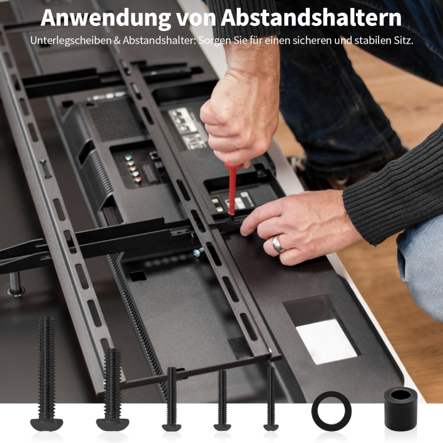 Universal TV Schrauben Set (120-teilig) für Wandhalterungen & Ständer (M4, M5, M6, M8 VESA-Schrauben Sortiment inkl. Abstandshalter & Unterlegscheiben für TVs bis 80 Zoll)