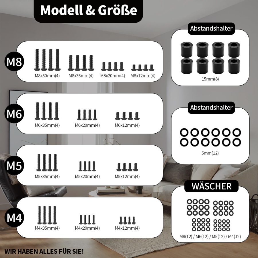 Universal TV Schrauben Set (120-teilig) für Wandhalterungen & Ständer (M4, M5, M6, M8 VESA-Schrauben Sortiment inkl. Abstandshalter & Unterlegscheiben für TVs bis 80 Zoll)