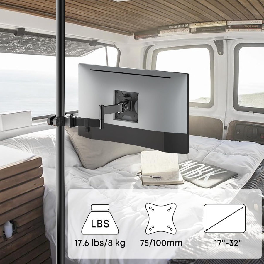 Universelle VESA Stangenhalterung für 17-32 Zoll Bildschirme (Ø 28-60 mm) (Flexibler Gelenkarm zur Erweiterung – Bis 8 kg Traglast, Neigbar, Schwenkbar & 360° Drehbar.)