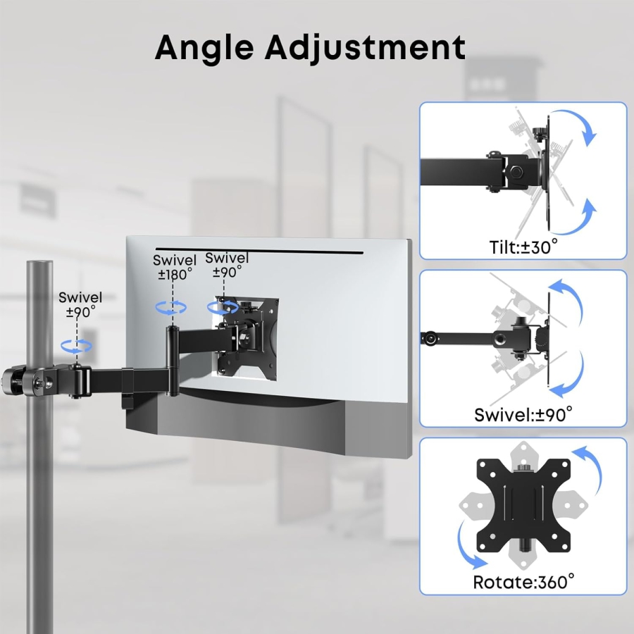 Universelle VESA Stangenhalterung für 17-32 Zoll Bildschirme (Ø 28-60 mm) (Flexibler Gelenkarm zur Erweiterung – Bis 8 kg Traglast, Neigbar, Schwenkbar & 360° Drehbar.)