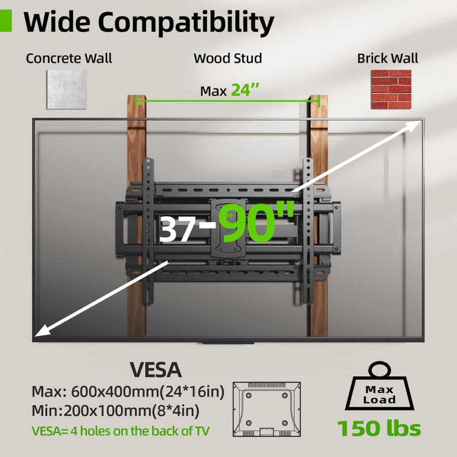 USX-MOUNT TV Wandhalterung Schwenkbar & Neigbar für 37-90 Zoll (bis 68kg) – Ausziehbarer Doppelarm, VESA bis 600x400