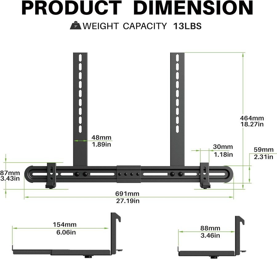 USX-MOUNT Universal Soundbar Halterung für Soundbars mit & ohne Löcher (Verstellbare TV- & Wandhalterung mit Anti-Rutsch-Sockel (87,5–154 mm) bis 6 kg Traglast.)