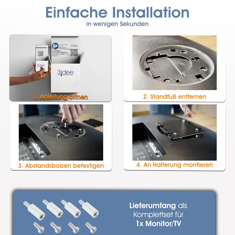 VESA Schrauben & Abstandhalter Set | M4 | 15 mm Distanz (Für VESA MIS-D & MIS-E mit M4-Gewinde und 15 mm Abstand zur Monitorrückseite)