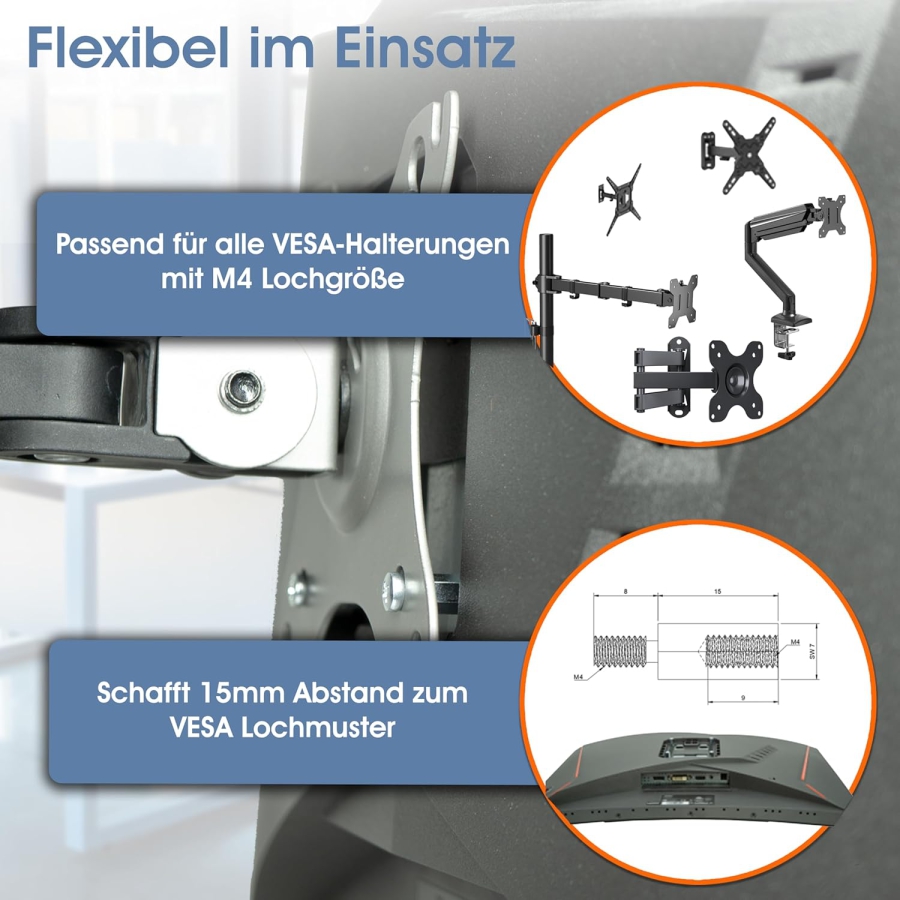 VESA Schrauben & Abstandhalter Set | M4 | 15 mm Distanz (Für VESA MIS-D & MIS-E mit M4-Gewinde und 15 mm Abstand zur Monitorrückseite)