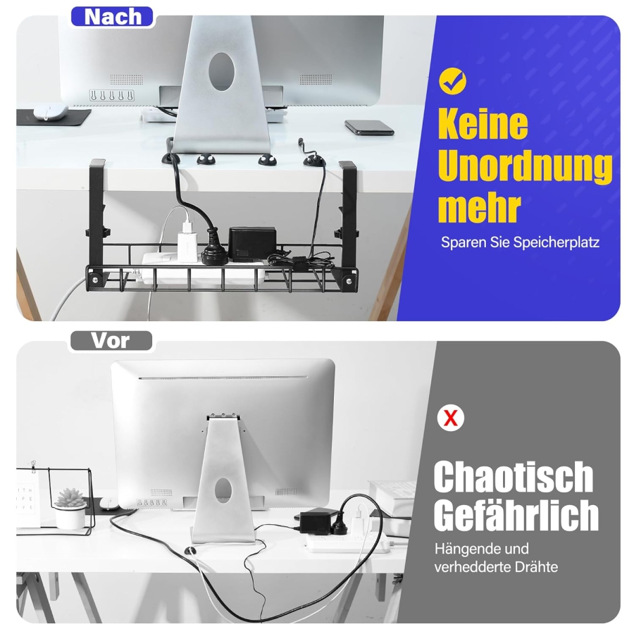 Xpatee Kabelmanagement ohne Bohren – Klemmbarer Kabelkanal für den Schreibtisch (Schwarz) (Robuste Metall-Kabelwanne (40 cm) mit C-Klemmen – Kein Schrauben nötig – Für Tischplatten 1–6 cm Dicke – Inkl. Zubehör.)
