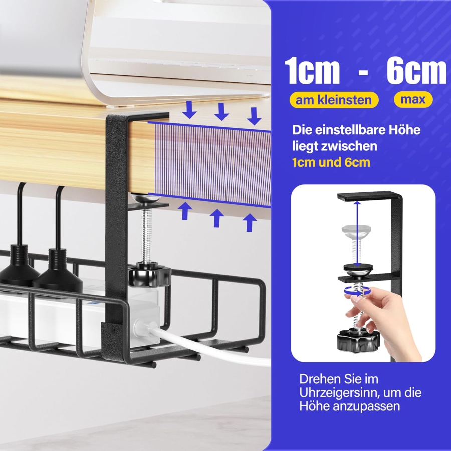 Xpatee Kabelmanagement ohne Bohren – Klemmbarer Kabelkanal für den Schreibtisch (Schwarz) (Robuste Metall-Kabelwanne (40 cm) mit C-Klemmen – Kein Schrauben nötig – Für Tischplatten 1–6 cm Dicke – Inkl. Zubehör.)