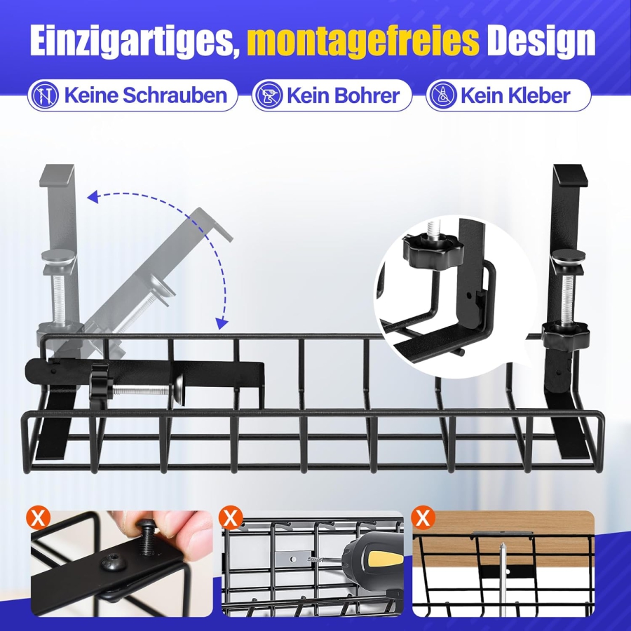 Xpatee Kabelmanagement ohne Bohren – Klemmbarer Kabelkanal für den Schreibtisch (Schwarz) (Robuste Metall-Kabelwanne (40 cm) mit C-Klemmen – Kein Schrauben nötig – Für Tischplatten 1–6 cm Dicke – Inkl. Zubehör.)