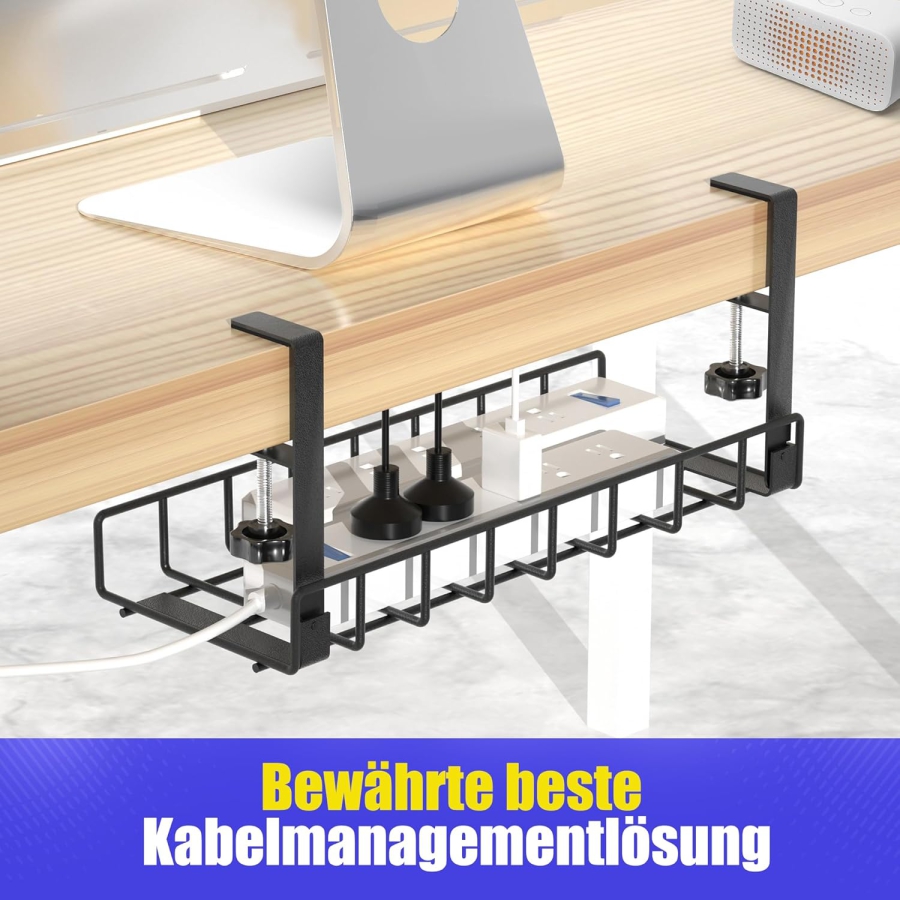 Xpatee Kabelmanagement ohne Bohren – Klemmbarer Kabelkanal für den Schreibtisch (Schwarz) (Robuste Metall-Kabelwanne (40 cm) mit C-Klemmen – Kein Schrauben nötig – Für Tischplatten 1–6 cm Dicke – Inkl. Zubehör.)
