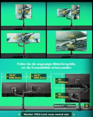 ARES WING Monitorhalterung 2 Monitore übereinander für 17-49 Zoll Flach & Curved Bildschirme, dual Monitor Halterung mit Gasfeder und USB A/C Port, Höhenverstellbar, Gewicht 2-20kg/arm,VESA 75 & 100
