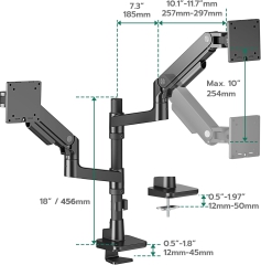 ARES WING Monitorhalterung 2 Monitore übereinander für 17-49 Zoll Flach & Curved Bildschirme, dual Monitor Halterung mit Gasfeder und USB A/C Port, Höhenverstellbar, Gewicht 2-20kg/arm,VESA 75 & 100