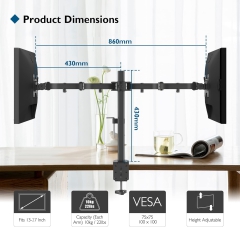 BONTEC Monitor Halterung 2 Monitore für 13-27 Zoll Flach & Curved Bildschirm, Monitor Tischhalterung Höhenverstellbar Neigbar Schwenkbar Drehungbar, 10 kg pro Arm, VESA 75x75 / 100x100, Schwarz