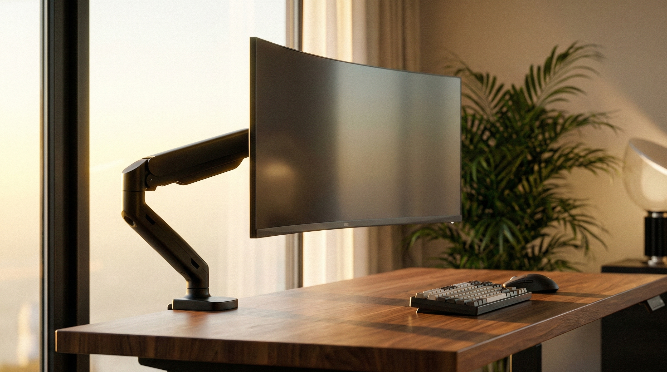 Minimalistisches Schreibtisch-Setup aus Holz mit gew&ouml;lbtem Monitor bei goldenem Licht - Ergonomische Monitorhalterung 2026