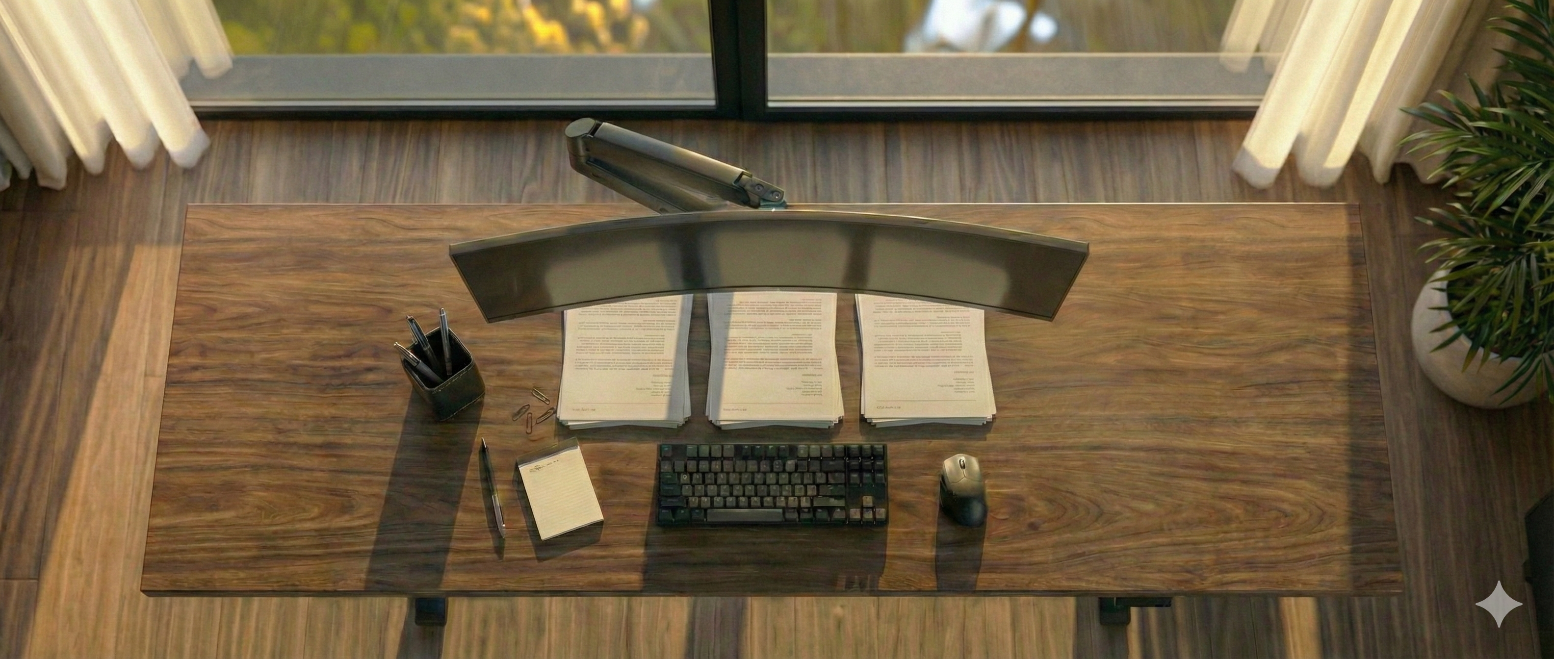 Clean Desk Setup mit Monitorhalterung: Aufger&auml;umt, schwebender Monitor und viel Platz