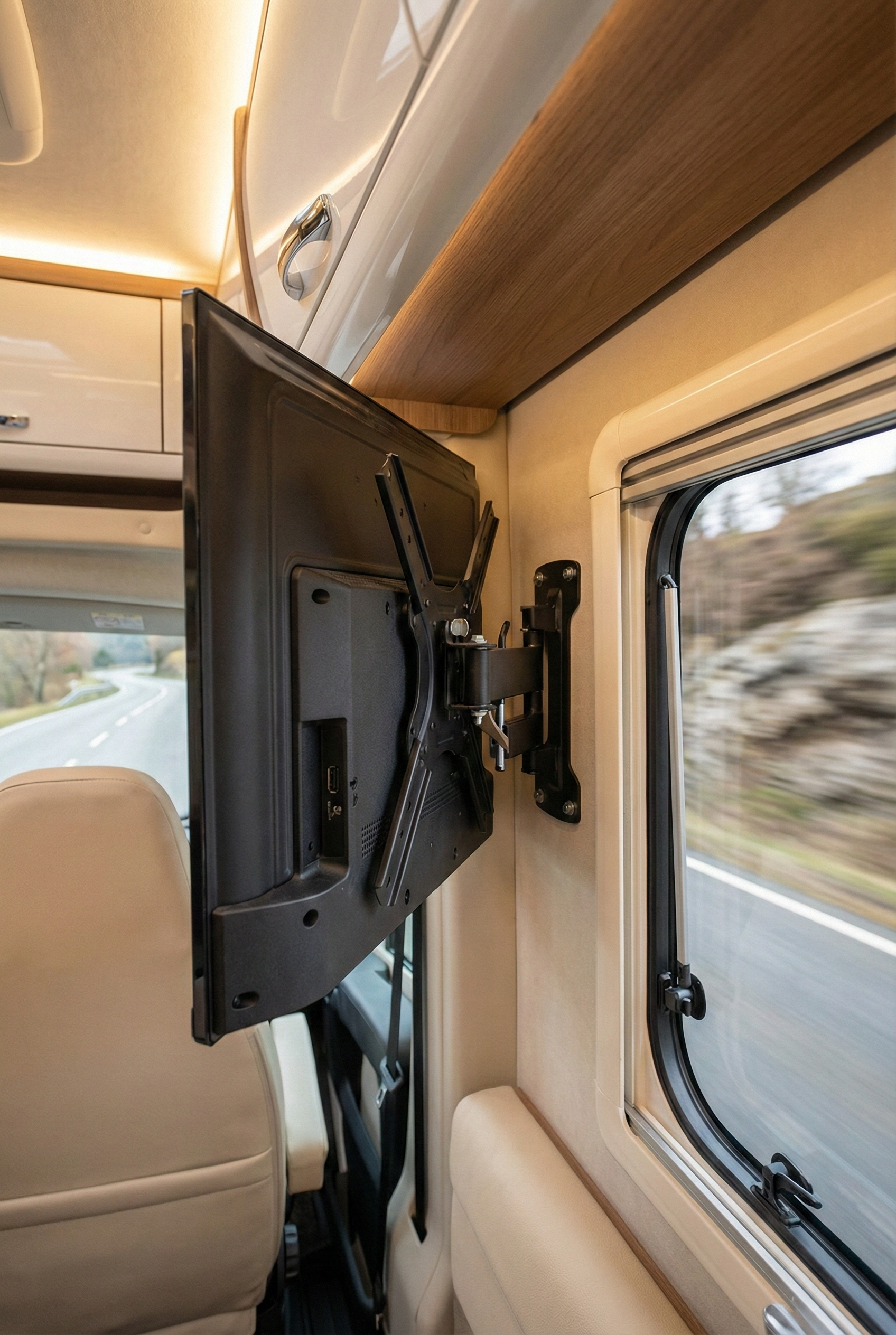 TV Halterung für Wohnmobil und Wohnwagen montiert von hinten gezeigt