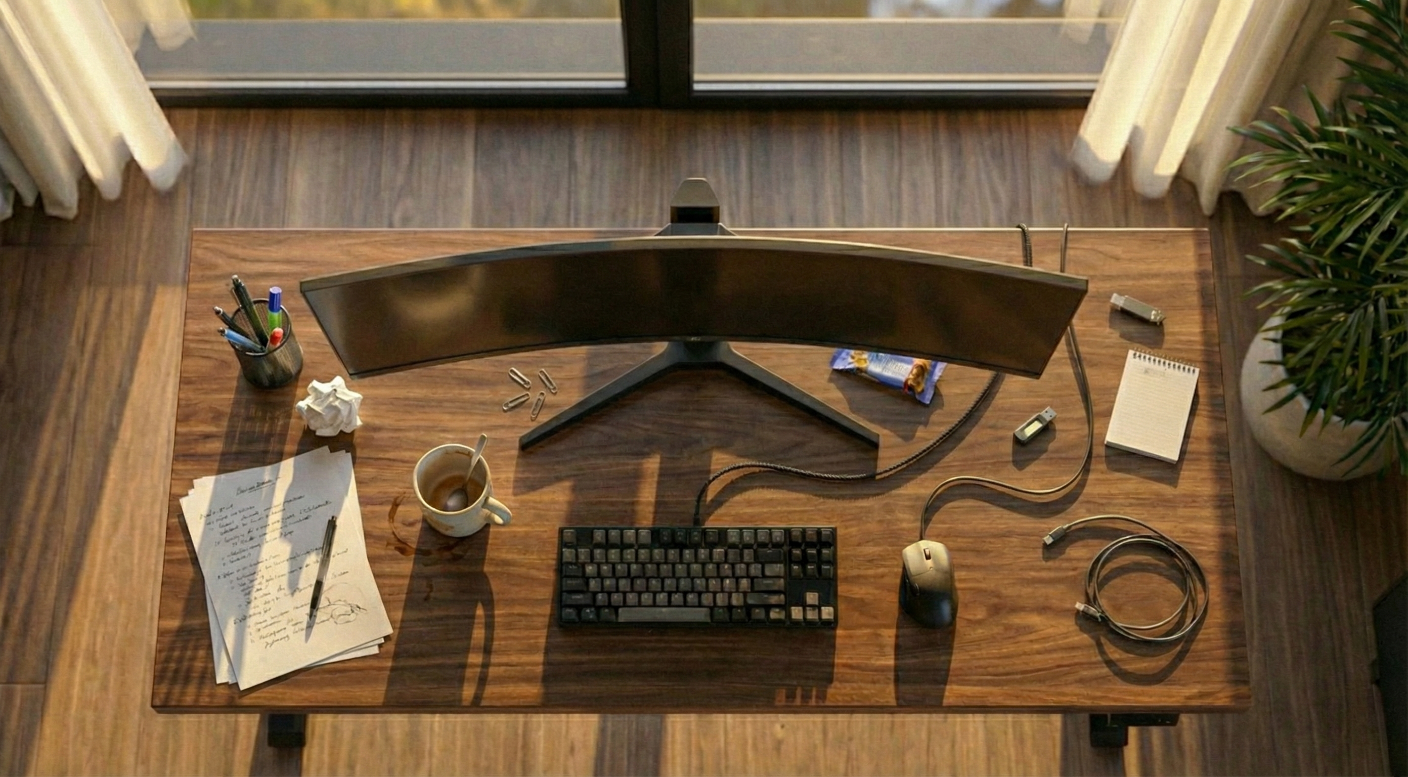 Schreibtisch ohne Monitorhalterung: Unordentlich, wenig Platz und sichtbare Kabel